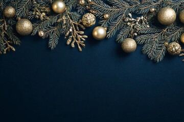 Gold ball and fir branch Christmas frame on dark blue background
