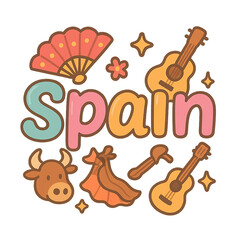 Naklejka premium Isolated Transparent, PNG Die Cut, Vibrant and Playful Illustration Celebrating Spain with Iconic Symbols, Guitar, Castanets, Bull, Dance, and Traditional Fan in Colorful Design