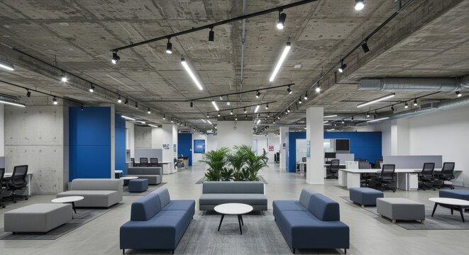 Modern Office Interior with Blue Sofas and Concrete Ceiling. - Powered by Adobe