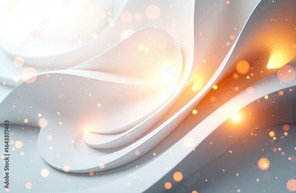 Poster a sleek abstract background featuring flowing white curves with glowing light effects and bokeh part