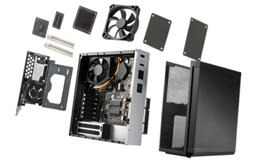 Computer hardware components disassembled flying isolated on a transparent background