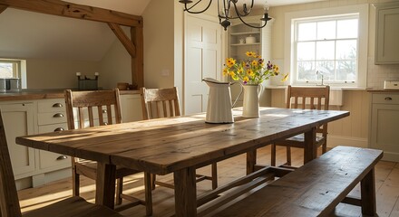 Fototapeta premium Rustic Wooden Dining Table with Benches and Flowers