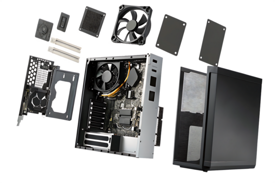 Computer hardware components disassembled flying isolated on a transparent background