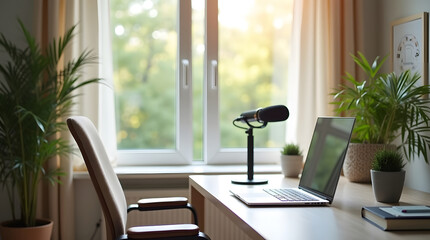 Obraz premium Podcast recording setup in a bright home office. Microphone, laptop, and plants on the desk.