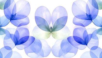 Translucent blue floral pattern on white background; symmetrical butterfly design
