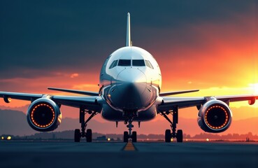 Naklejka premium A commercial airplane positioned on the runway during sunset with a vibrant sky in the background