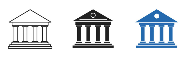 Bank and courthouse building icons set, government and finance architecture symbols in outline, solid, and colored vector styles