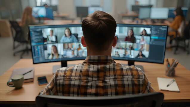 Man in Plaid Shirt Participating in a Large Online Video Conference Meeting in Modern Office