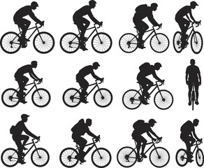 Silhouettes of cyclists riding various types of bicycles, wearing helmets and backpacks, in different dynamic cycling postures, outdoor activity concept