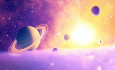 Naklejka premium Vibrant Cosmic Scene with Saturn and Planets Against a Radiant Sun