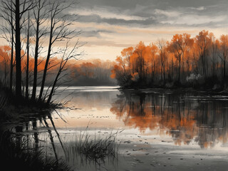 Fototapeta premium Dawn light reflecting on a tranquil autumn lake framed by bare trees, pencil stroke sketch style with soft orange highlights and predominantly black and white detail.