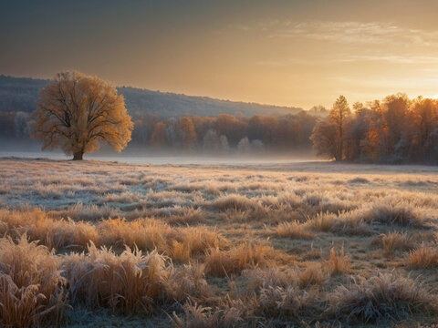Early morning glow above a peaceful autumn meadow covered in frost, fine pencil sketch with gentle amber highlights and a largely monochromatic background.