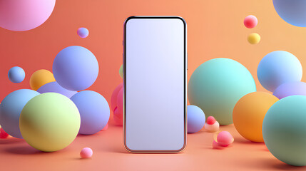 Blank phone screen with colorful gradient backdrop and 3D spheres