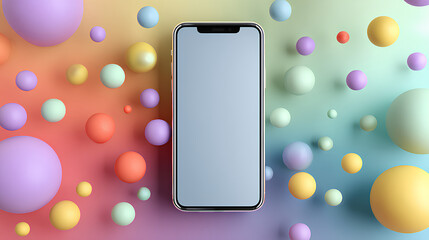 Blank phone screen with colorful gradient backdrop and 3D spheres