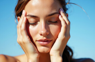 Fototapeta premium Woman with closed eyes holding her face in a peaceful expression against a bright blue sky