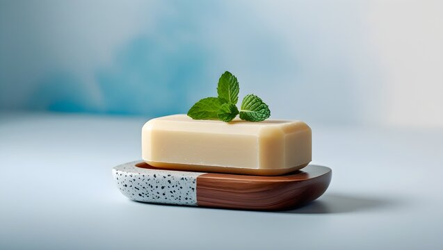 Natural bar of mint soap on a white towel with green leaf, a homemade spa beauty concept