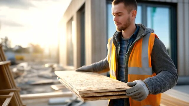 A builder working on chipboard cladding in gentle sunlight