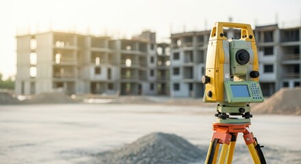 Total station on tripod for land surveying. Professional geodetic equipment for precise measurement in civil engineering construction.
