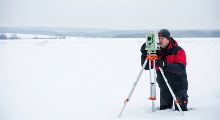 Caucasian man surveyor in warm clothing working with a total station on a tripod in a snow-covered field for building survey.