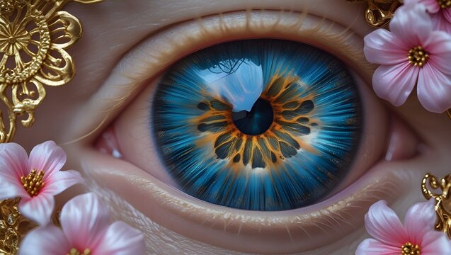 Blue-eyed woman's iris, a macro closeup of the human eye, an anatomical illustration of sight