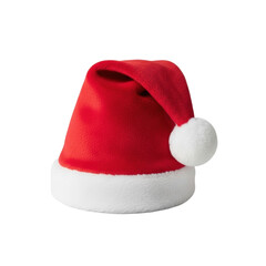 A plush santa hat made of soft, vibrant red fabric with luxurious white faux fur trim and a fluffy spherical white pom-pom, isolated on a seamless transparent background with bright, diffused