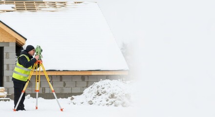 Man using a geodetic total station for land survey during winter construction work. Surveyor setting up equipment on snowy building site.