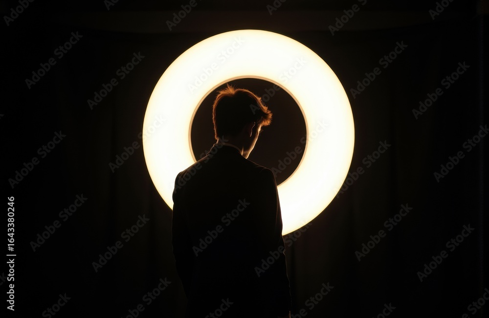 Poster silhouette of a person standing in front of a large illuminated circular light source