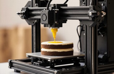 3D printer printing a layered cake with yellow icing on a flat surface