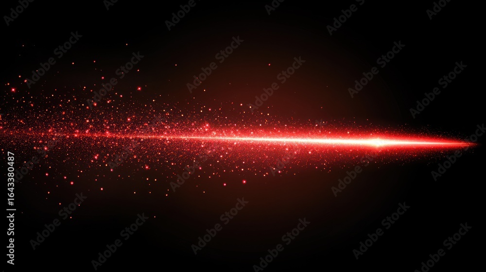 Poster abstract red light beam with sparkling particles on dark background