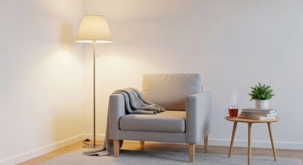 Creating a serene and inviting atmosphere a minimalist living space designed for comfort and relaxation with soft, warm lighting and subtle decor.