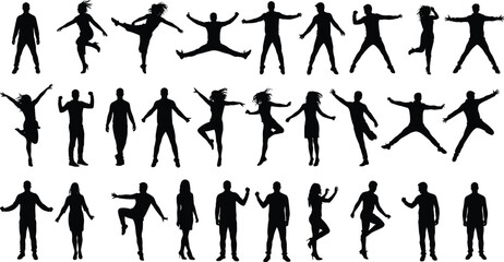 Silhouettes of men and women, dancing, jumping, walking, standing, active poses, joyful movement, expressive body language, diverse actions, energetic figures