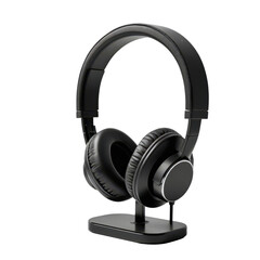Stylish black wireless headphones on a sleek stand highlighting modern design and functionality in an indoor setting