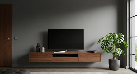 Living Room with Television, Plant and Wood Furniture