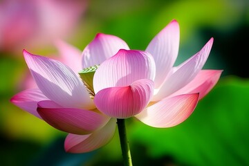 Fototapeta premium Blooming Pink Lotus Flower with Soft Petals and Green Background