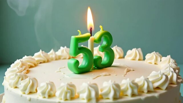Green number 53 candle burning on a birthday cake, celebrating milestone age, dynamic