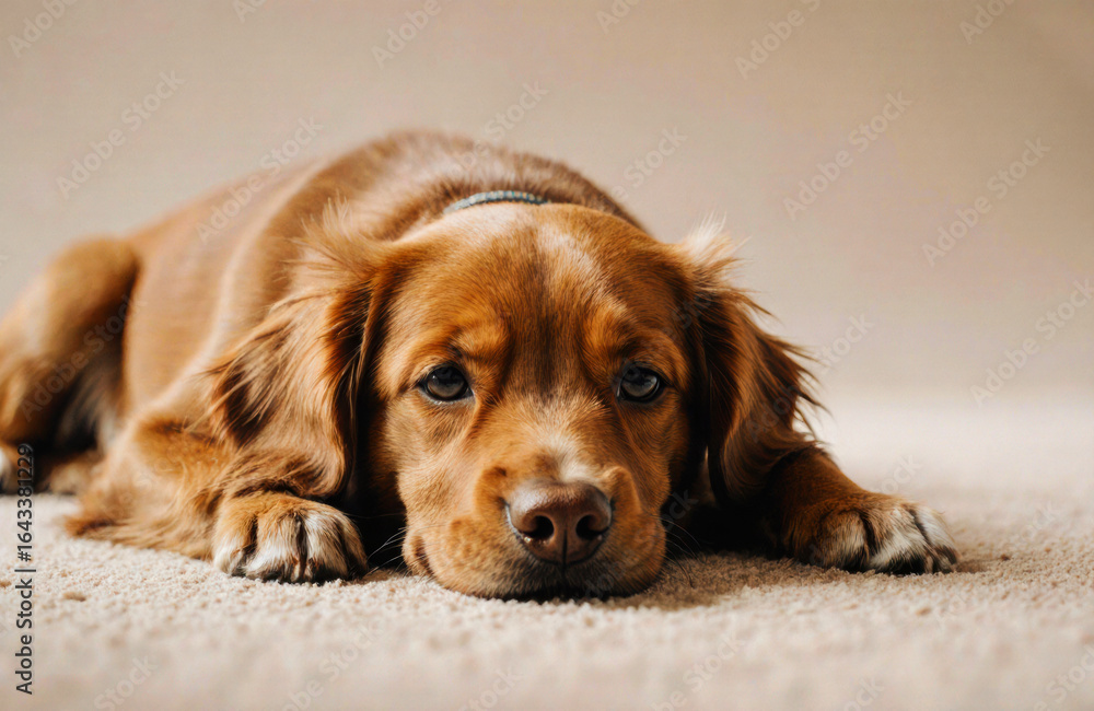 Poster a cute brown puppy lying down on a soft surface with a relaxed expression