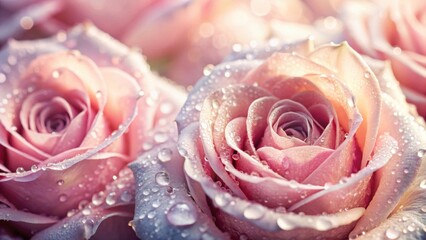 Closeup of delicate pink rose flowers with tiny water droplets glistening on their petals in a soft light