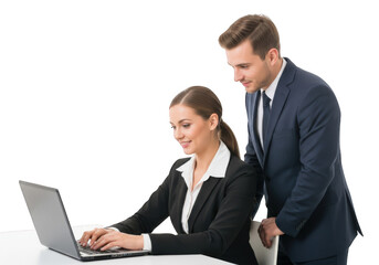 Professional Business Team Working Together on a Laptop in an Office Setting with a Transparent Background, Ideal for Corporate and Collaborative Projects