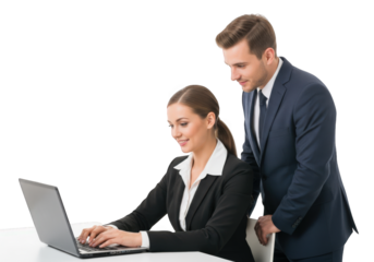 Professional Business Team Working Together on a Laptop in an Office Setting with a Transparent Background, Ideal for Corporate and Collaborative Projects