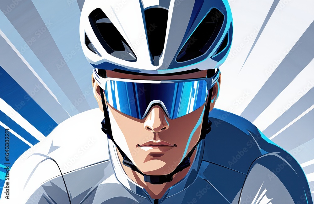Poster a cyclist wearing a helmet and reflective sunglasses in motion with dynamic background elements