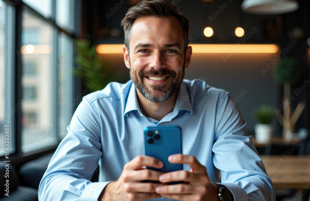 Poster man smiling and using smartphone in modern indoor setting