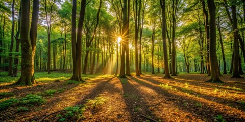 Obraz premium Warm sunlight filtering through leafy forest canopy