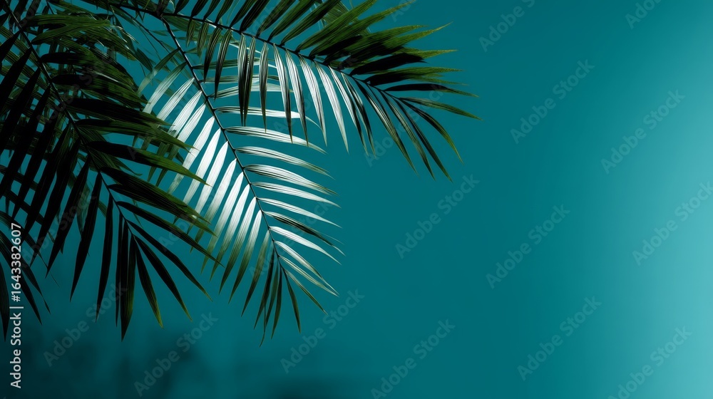 Poster surreal macro of overlapping tropical foliage in deep teal and blue hues with soft focus gradient ba