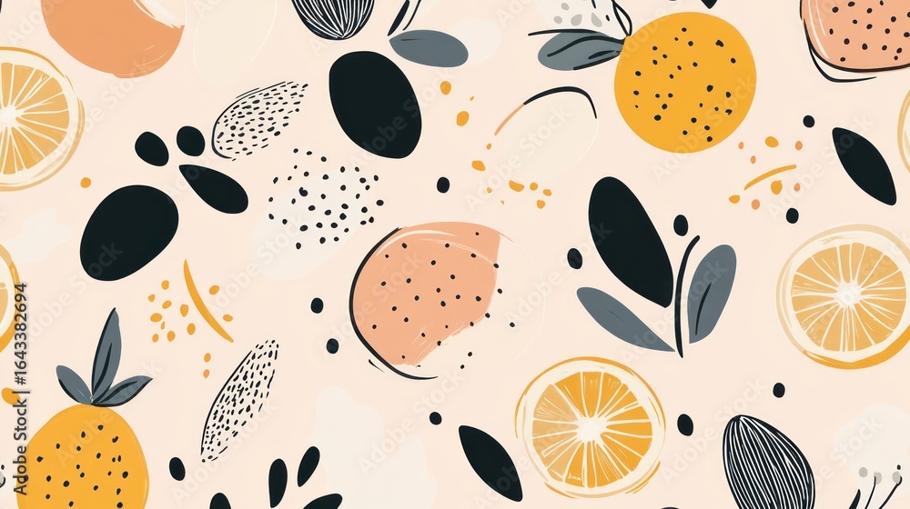 Poster playful fruit pattern with oranges and abstract botanical elements