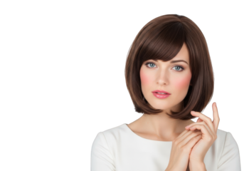 Elegant Brunette Woman with Bob Haircut Posing Gracefully Against a Checkered Backdrop, Showcasing Beauty and Style in a Studio Portrait with Soft Lighting