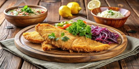 Crispy fried catfish served on a wooden plate with golden crust and side of tangy slaw made from red cabbage and carrots