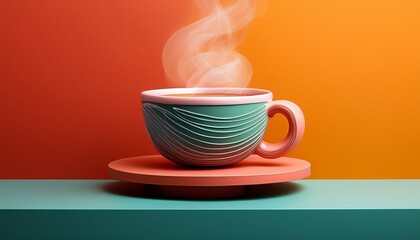 Obraz premium a stylized cup of steaming beverage on a platform against a vibrant background