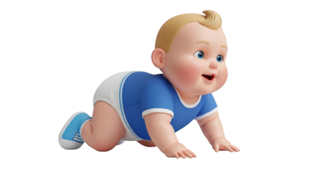 Adorable Baby Crawling with Blue Eyes and Blond Hair on Transparent Background, a Charming 3D Render for Children's Content and Playful Designs with Innocence