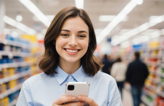 Woman smiling while using smartphone in a supermarket aisle