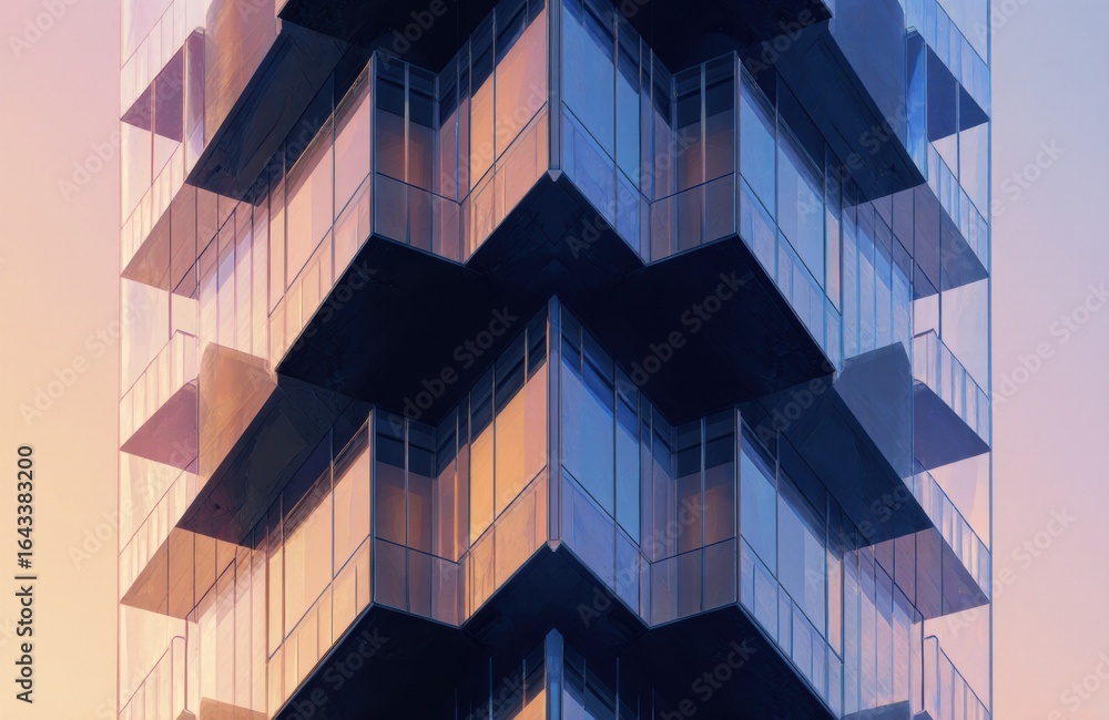 Poster modern building with geometric glass balconies creating a layered architectural pattern